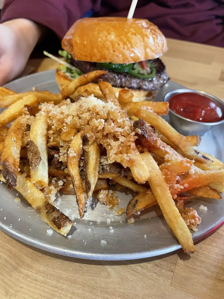 Popper Burger with Garlic Parmesan Fries